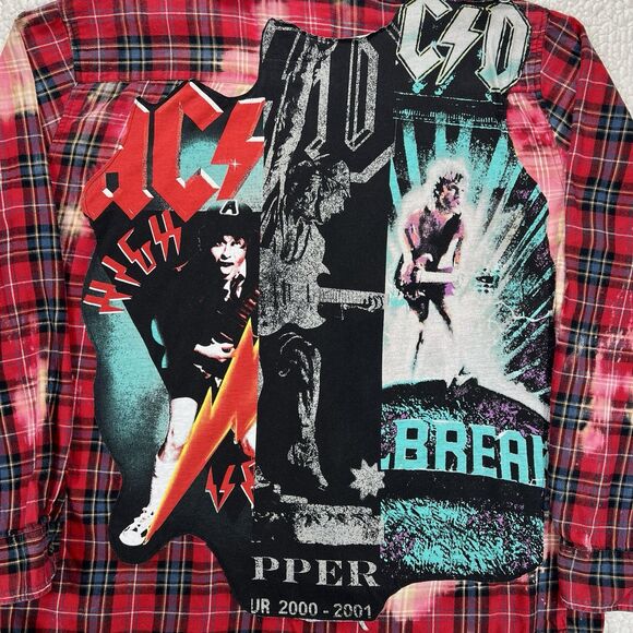 Rare Two Gypsea Souls AC/DC Flannel Shirt Custom Upcycled One of a Kind Rock XL - Picture 3 of 9